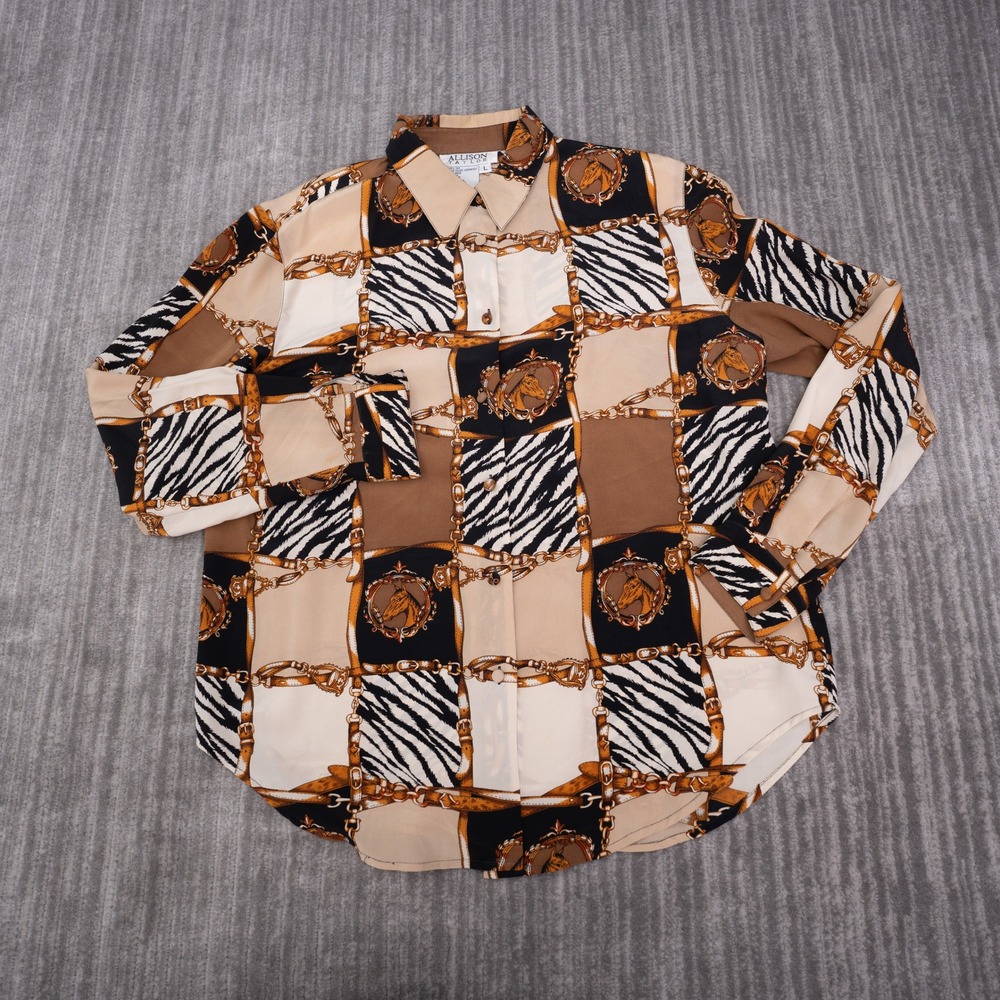 Allison Taylor Silk Button Up Shirt Womens L Brown Excellent Equestrian Zebra